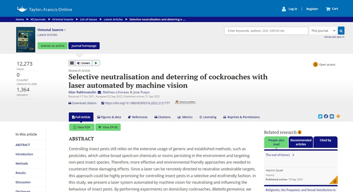 Selective neutralisation and deterring of cockroaches with laser automated by machine vision