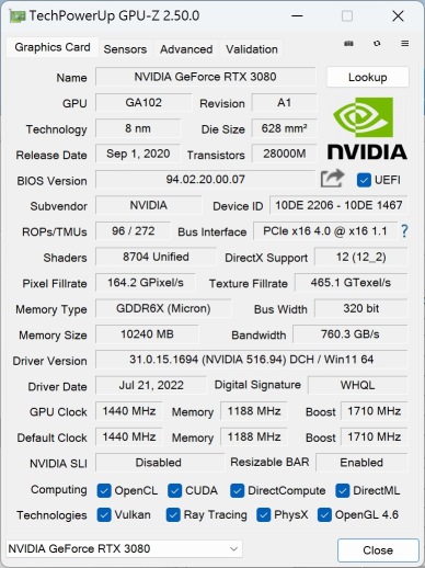顯示卡則為NVIDIA GeForce RTX 3080 Founder Edition。
