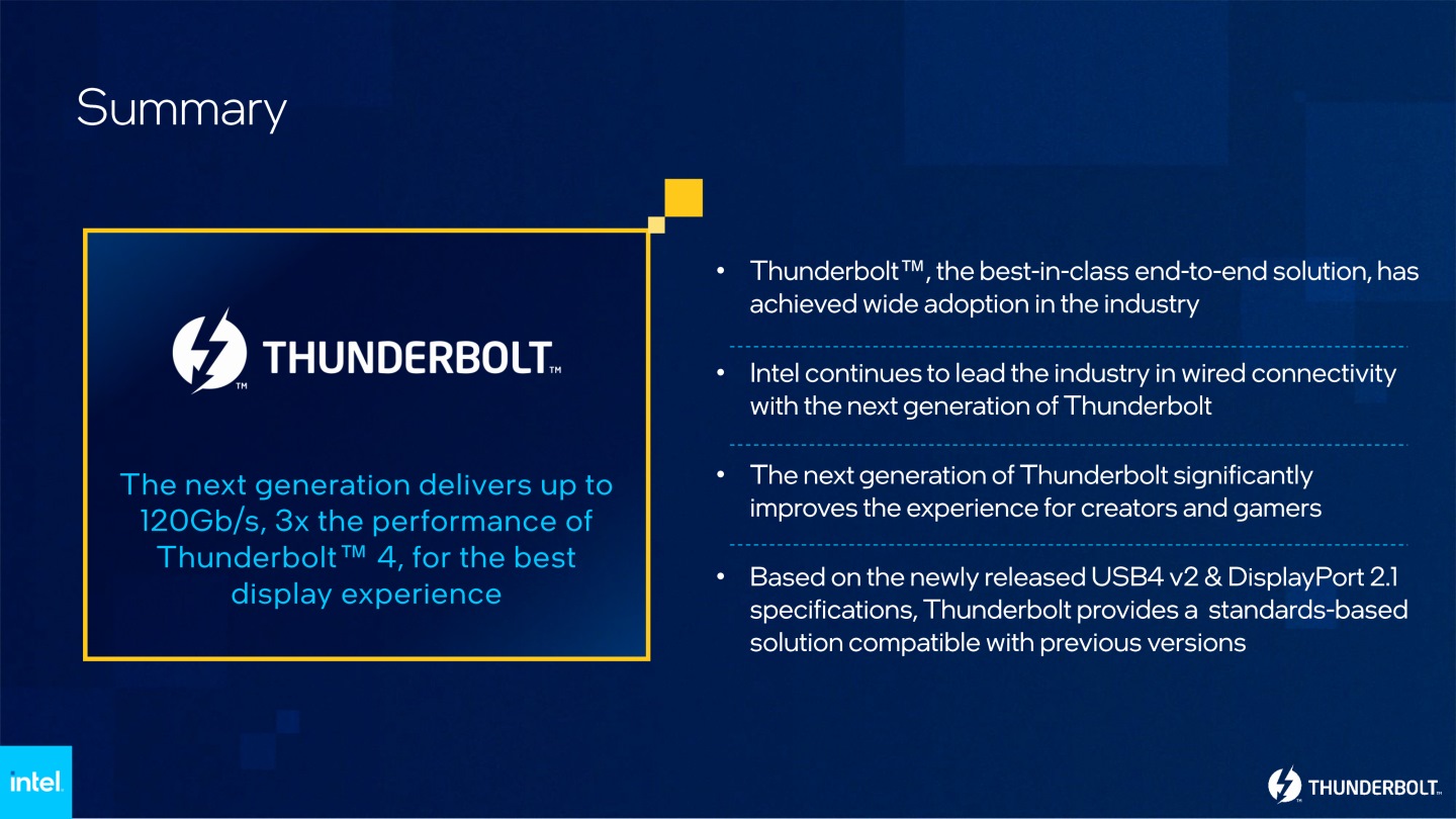 總結而言，次世代Thunderbolt能夠延續現有Thunderbolt 4便利的使用體驗，並進一提升傳輸速度與支援更多規範。