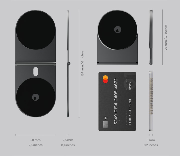 EDGE Pro的造型像是可以折疊的蝴蝶片，兩端的黑色圓形內具有強力磁鐵，折疊後的厚度僅有5公釐，大約同4張信用卡。