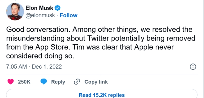 馬斯克透露與庫克在蘋果總部會面，庫克還說他們從未打算把推特從Apple Store下架