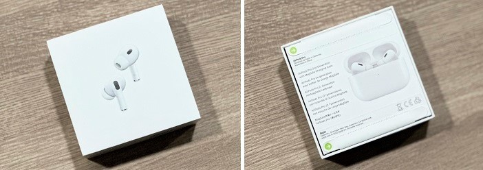 AirPods Pro 2 產品外盒，一樣是方方的尺寸，同樣採用近期 Apple 產品紙膠條封裝的環保計。