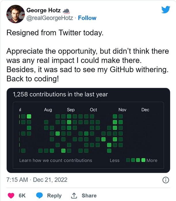 被馬斯克「招安」到推特當實習生的天才客Geohot，做不到週已從Twitter職
