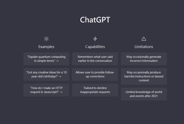 在 ChatGPT 開畫面，官方就列出了AI的特性與限制，包含將主動拒絕不適當的問題，並且會記憶並運用整個期間的對話內容做出回。