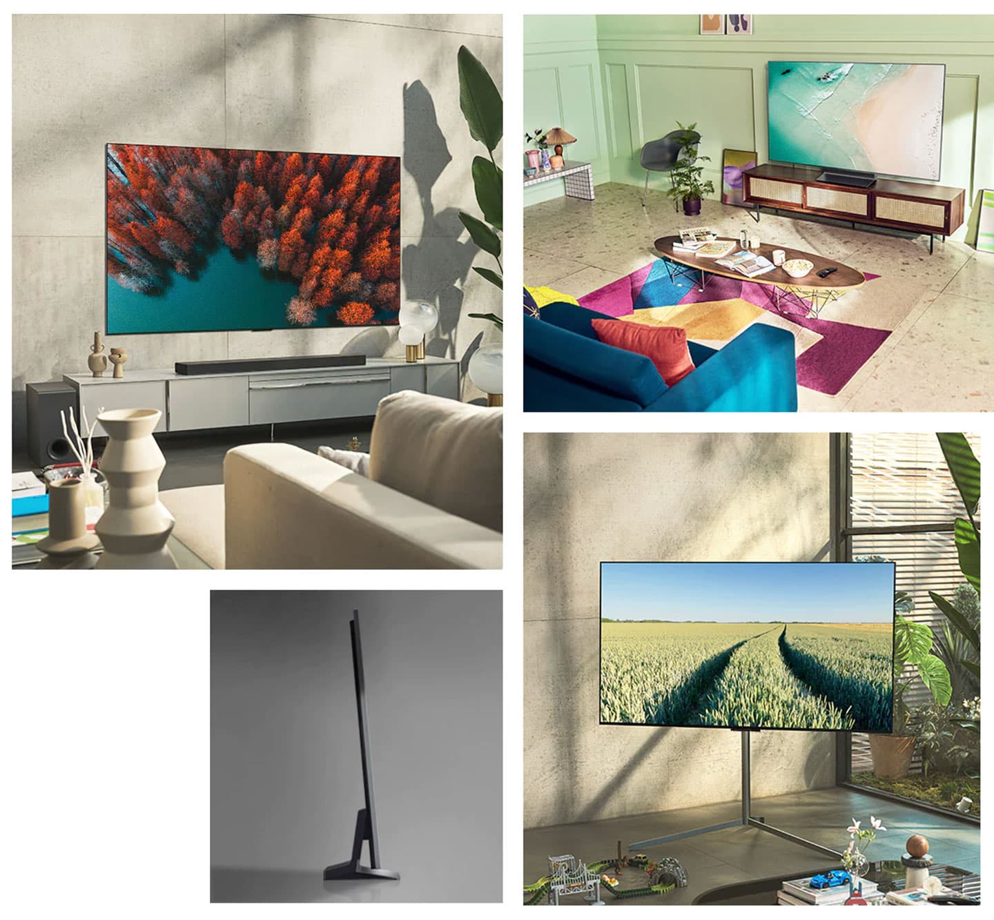 除了採壁掛形式安裝，LG OLED evo G2 零間隙藝廊系列也能裝上底座 (需選配) 置放於電視櫃上，或配站立式展示架 (需選配)，讓電視以氛圍感更濃的藝術品形式來擺。