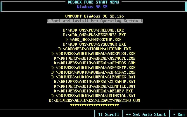 載入檔案後會出現DOSBox Pure的啟動選單，在這邊選擇[Boot and Install New Operating System]。