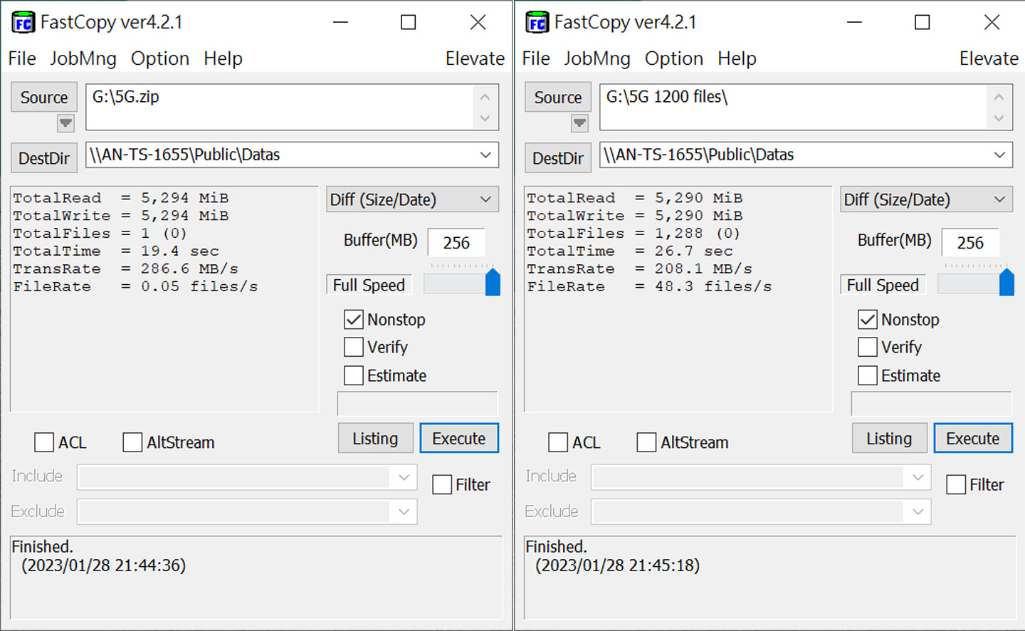 透過 FastCopy 進行檔案傳輸測試，將檔案複製路徑指向安裝 Toshiba MG10 20TB 版的 NQNAP TS-1655 ，並以 5G 大小的單檔（圖左）與多檔（圖右）進行兩次實測，分別獲得平均 286.6 MB/s 與 208.1 MB/s 的傳輸速度成績。 ▲ 透過 NAS performance Tester 進行檔案傳輸實測，將測試路徑指向安裝 Toshiba MG10 20TB 版的 NQNAP TS-1655，圖上將檔案尺寸定為 400，圖下將檔案尺寸定為 1000，分別獲得平均 290.00 MB/s 與 288.71 MB/s 的傳輸速度成績。 ▲ 實際透過 SMB 的方式從電腦端傳輸 5G 單檔至 安裝 Toshiba MG10 20TB 版的 NQNAP TS-1655 的共用資料夾，傳輸前後速度落在 272 MB/s - 275 MB/s 之間。