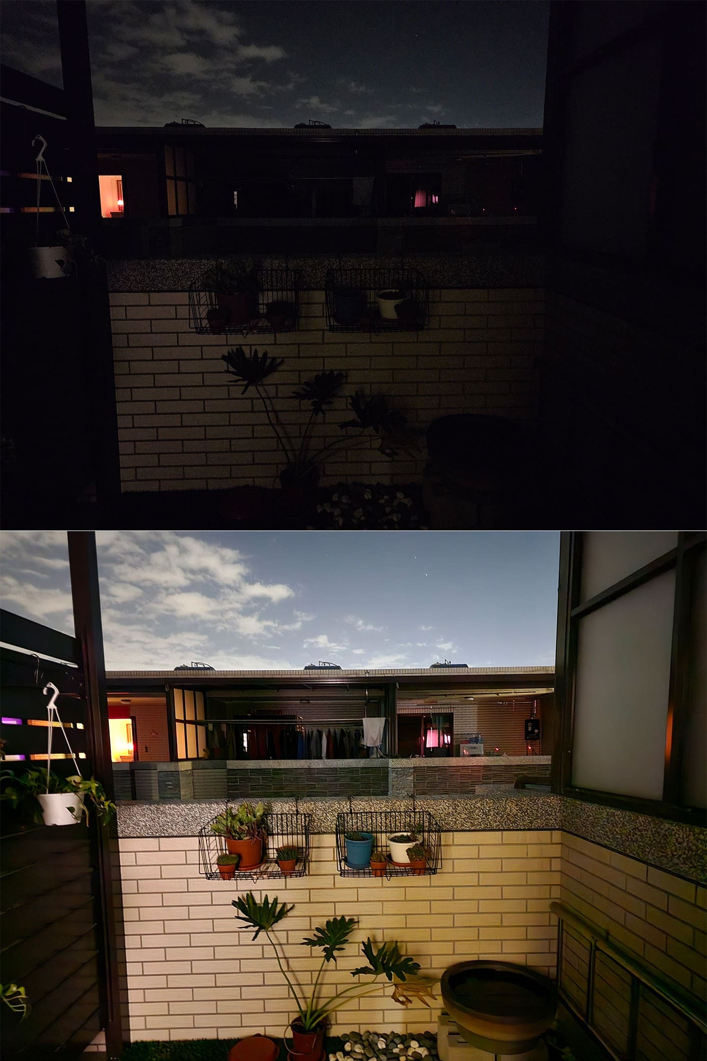 在幾乎無光源的陽台進行手持拍攝，可以發現未開夜間模式（圖上）與開啟夜間模式（圖下）之後的拍攝成品差異巨大。