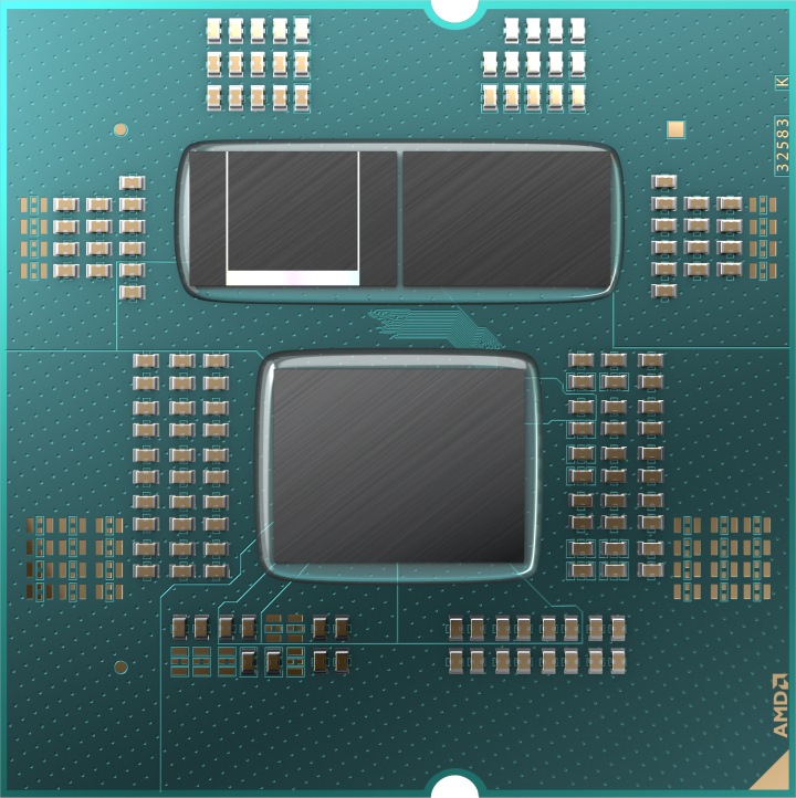 Ryzen 7000系列處理器開蓋後，可以看到上方有2組CCD實體小晶片，下方較大的則是負責I/O功能的IOD（I/O Die，I/O裸晶）。