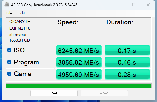 透過 AS SSD Benchamark 內建複製測試，AORUS Gen5 10000 SSD 2 TB 分別在 ISO 映像檔、程式、遊戲的複製效能為 6245.62 MB/s、3059.92 MB/s、4959.69 MB/s。