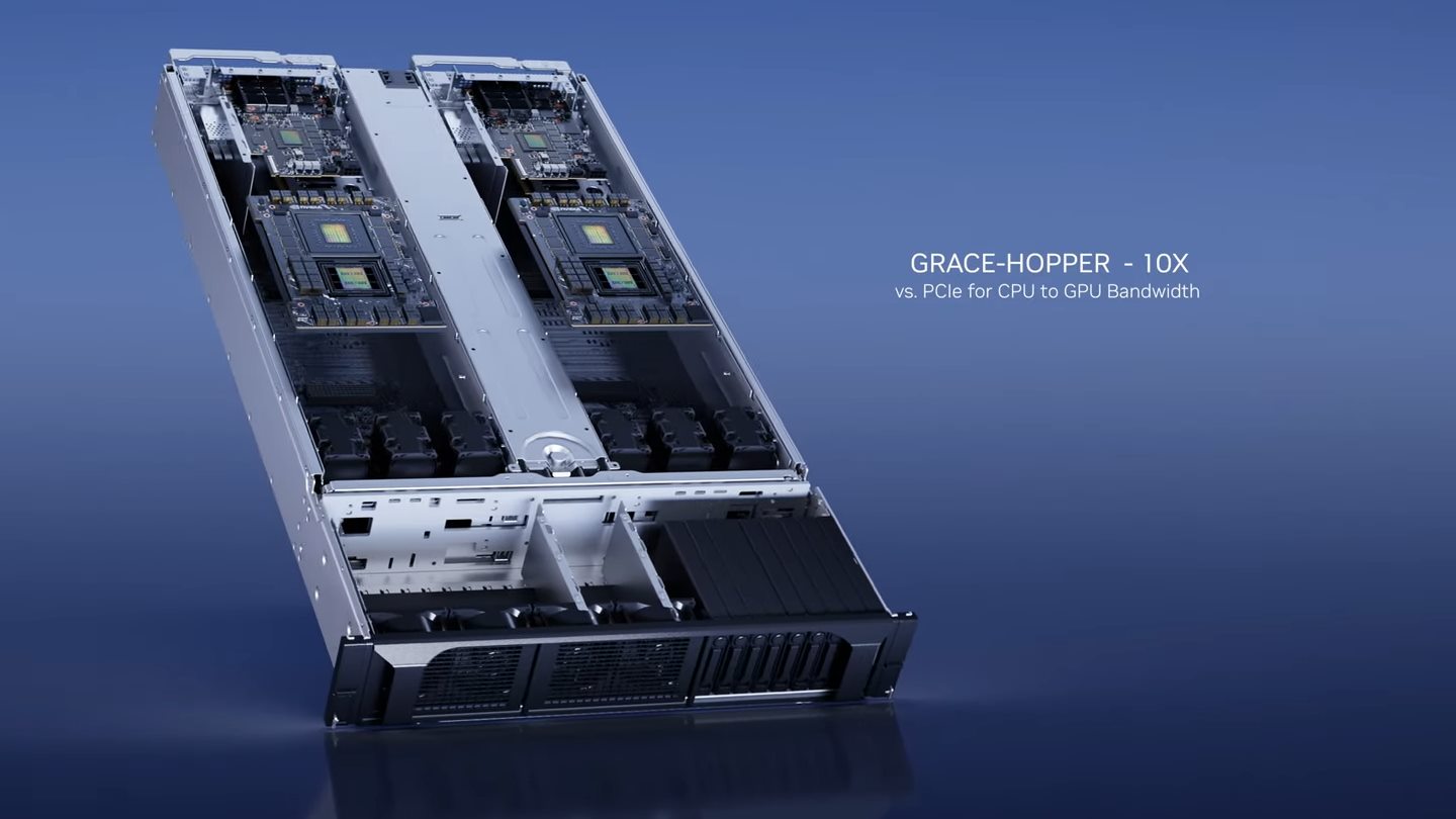 Grace Hopper是NVIDIA的全新超級晶片，透過頻寬高達900GB/s的晶片內互連介面連接Grace CPU和Hopper GPU，讓它非常適合處理大型資料集，應用於推薦系統和大型語言模型的AI資料庫。。