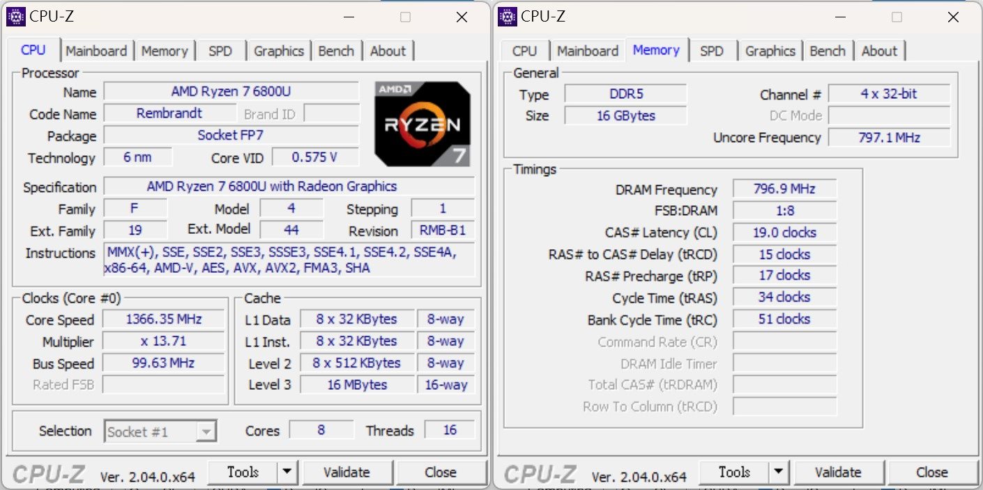 AYANEO 2之CPU-Z資訊，顯示之記憶體規格為DDR5-3200 16GB。