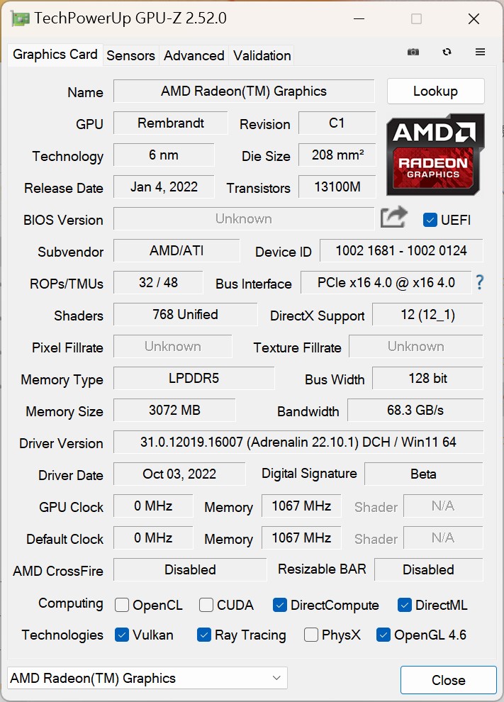 AYANEO 2之GPU-Z資訊，載具有12組RDNA 2架構的運算單元（CUs）的AMD Radeon 680M內建顯示晶片。