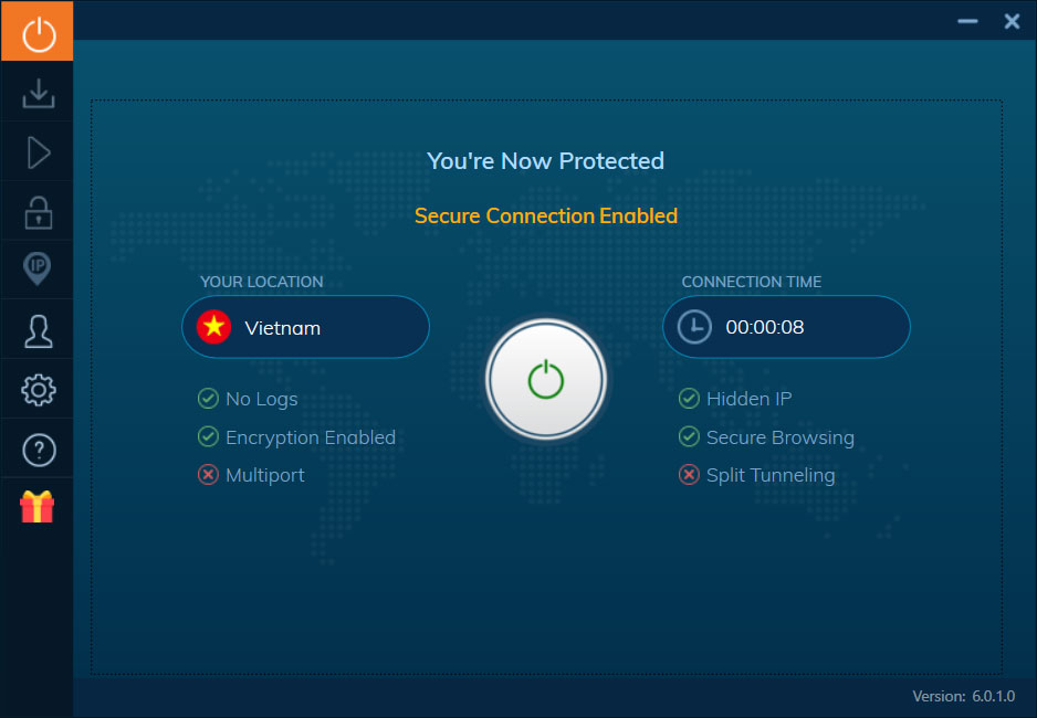 連結成功，畫面上也會有連線的國家與時間，若要斷線按下 Ivacy VPN 介面的電源按鈕即可。