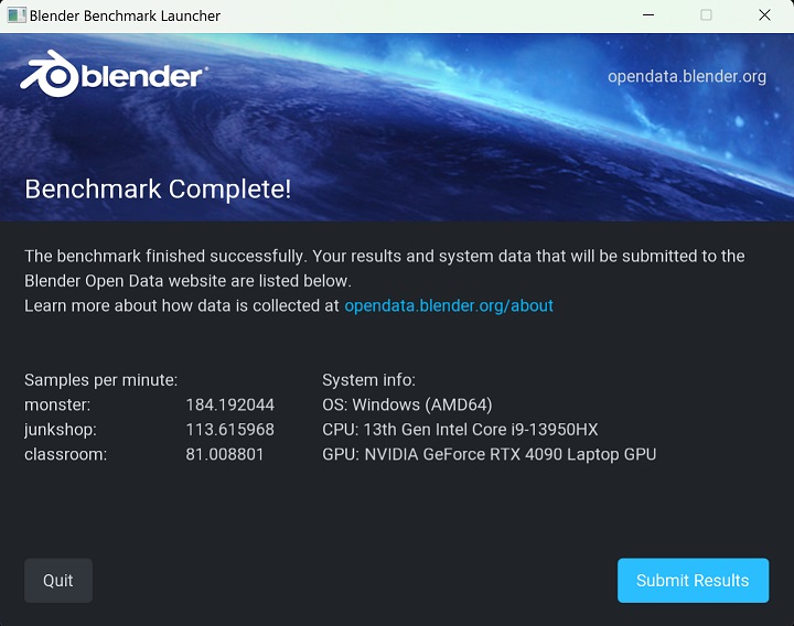 Blender Benchmark 3.1.0 測試 Intel Core i9-13950HX 渲染速度。