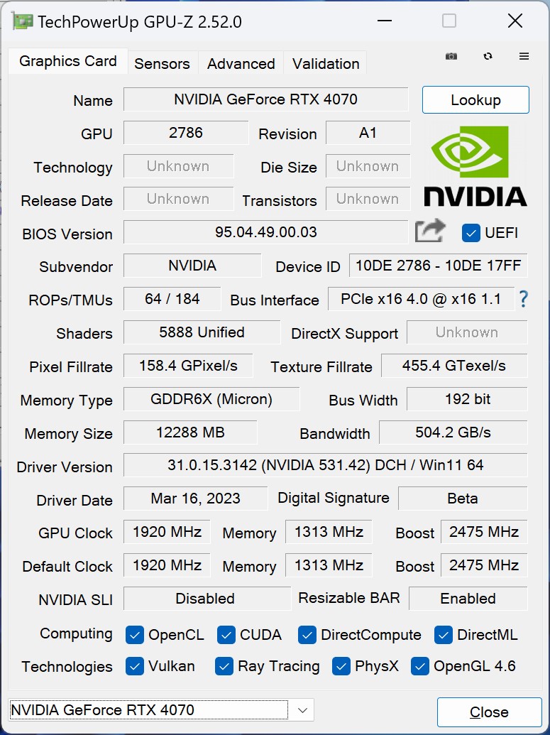 GeForce RTX 4070於GPU-Z顯示的資訊。部分資料尚無法判讀。