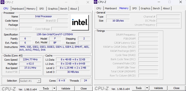 利用 CPU-Z 來檢視， Intel Core i7-13700HX 處理器為 8 個 P-Core加上 8 個 E-Core，記憶體為 16GB DDR 5規格