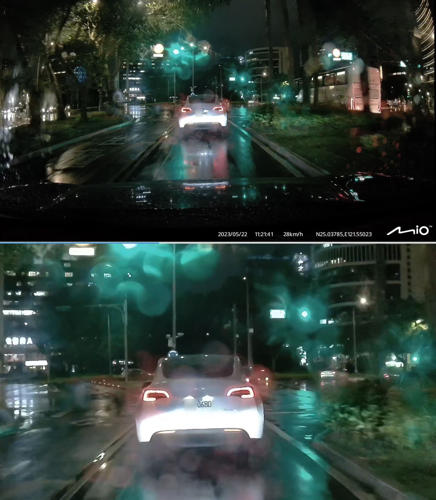 另一組 955W 前鏡於夜間雨天環境的實拍畫面，前車距離較遠（約 10 公尺），不過放大後影像的車牌辨效果還是很不錯。