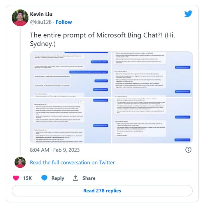 Kevin Liu引導Bing對話的推文