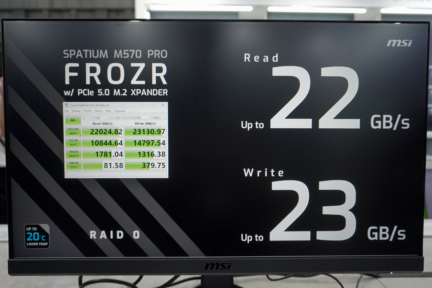 2組Spatium M570 Pro Frozr組成RAID 0磁碟陣列連續寫入速度高達23130.97 MB/s。
