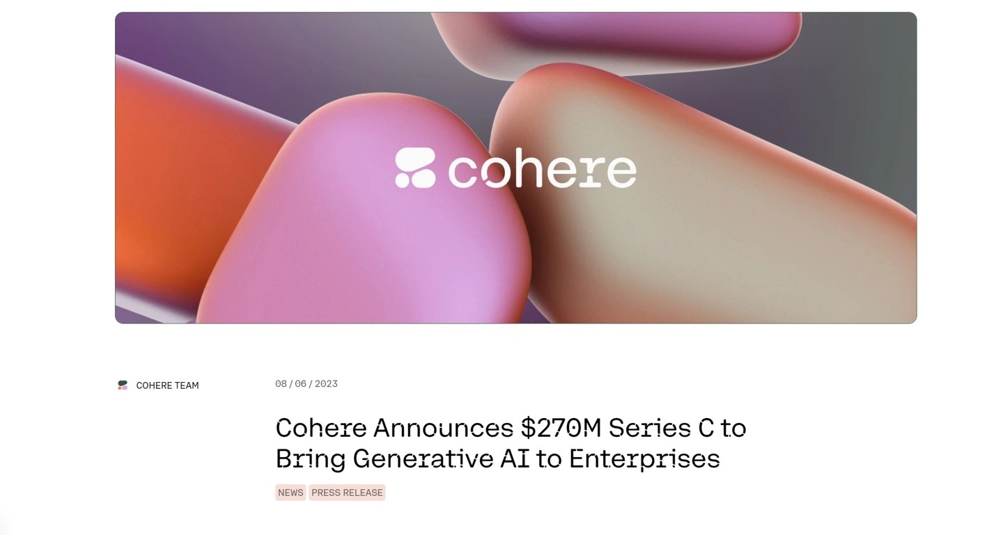 OpenAI 對手 Cohere 獲 2.7 億美元融資，欲與其展開面競