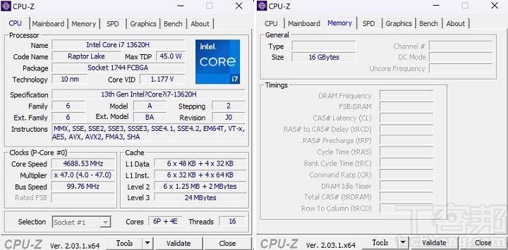 利用 CPU-Z 來檢視，Intel Core i7-13620H 處理器為 8 個 P-Core加上 8 個 E-Core，記憶體為 16GB LPDDR 5規格。