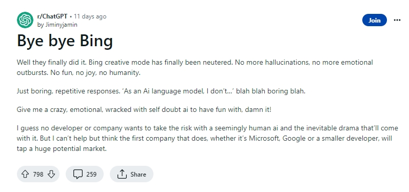 用戶吐槽Bing Chat的「富有創意」模式，功能已經被微軟閹割成毫無創意