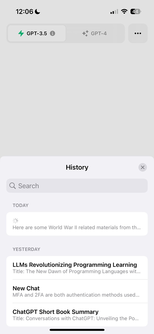 圖片iOS 系統 ChatGPT app 的「史搜尋欄」。