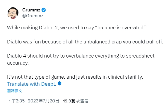 《暗黑破壞神2》製作人批評《暗黑破壞神4》推出了「遊戲史上最糟的更新」，太過迷信遊戲平衡度