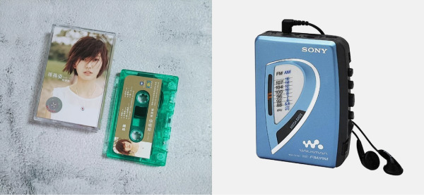 在拍賣網站上能輕鬆買到的磁帶，右圖：小時候曾擁有過的 Sony 隨身聽