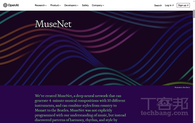 網頁介面MuseNet 的網頁介面，除了介紹其功能與使用的技術，也提供生成工具可免費使用。