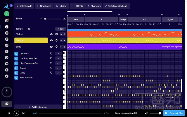 音樂編輯器對於進階的使用者，可以透過編輯器工具，對已成生的音樂進行細部的修整微調。
