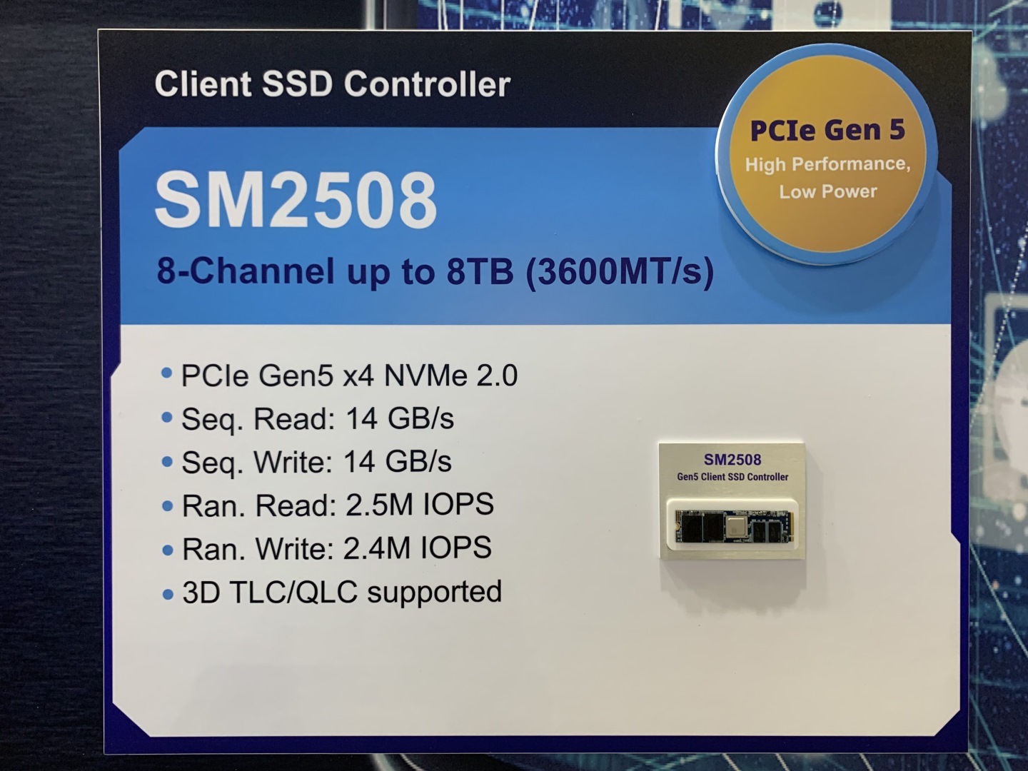 SM2508為消費級PCIe Gen 5x4固態硬碟控制器，具有14GB/s的循序讀寫和250萬IOPS的隨機讀寫效能。