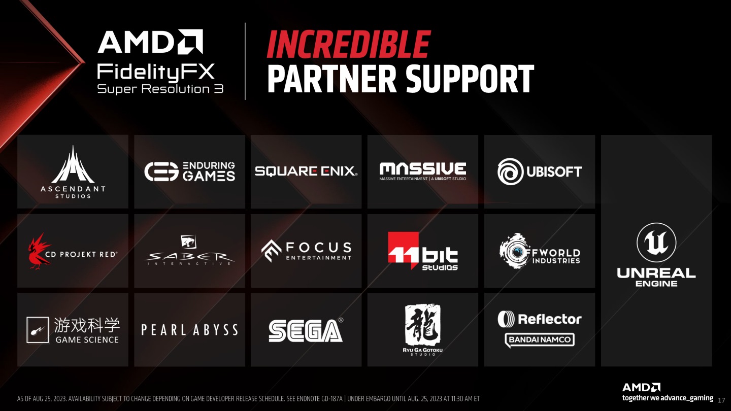 同時也有多間遊戲廠商與遊戲引擎將加入FSR 3生態圈。