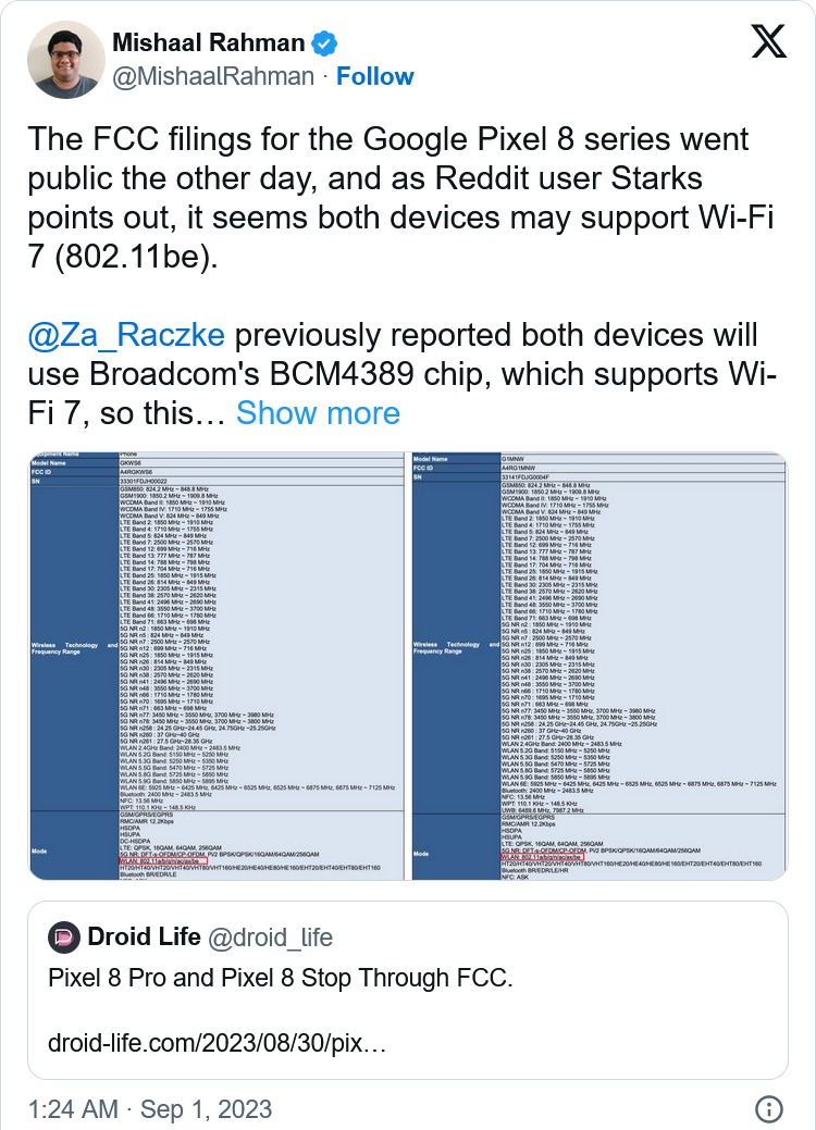Google Pixel 8和8 Pro通過FCC認資料被挖出，兩款手機終於支援 Wi-Fi 7