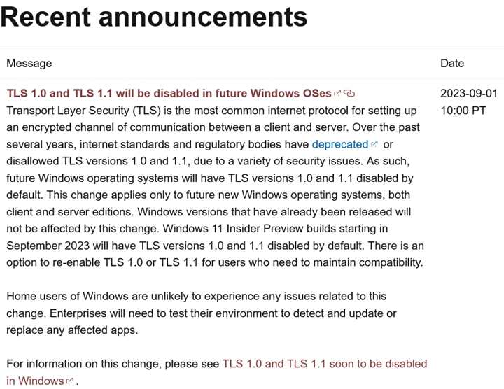 微軟確認未來的 Windows 預將禁用TLS 1.0和TLS 1.1