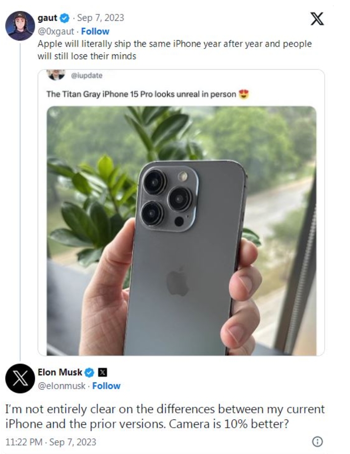 馬斯克附和iPhone無新意「搞不懂我的iPhone與前代有何不同」，網友：我也不懂我的Model 3有何不同