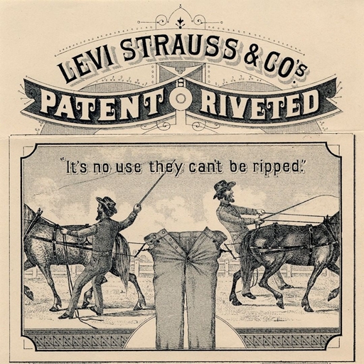 為了明牛仔褲的堅韌，史特勞斯是計了一場讓兩匹馬拉扯牛仔褲的表演，雙馬皮牌也由成為LEVI'S的標誌｜圖片來源：levistrauss
