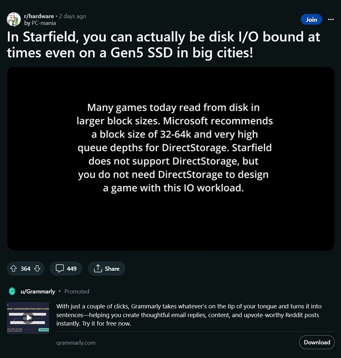 Youtuber實測實《星空Starfield》並未對 SSD 最佳化，就算你用高階Gen5 SSD也照樣卡頓