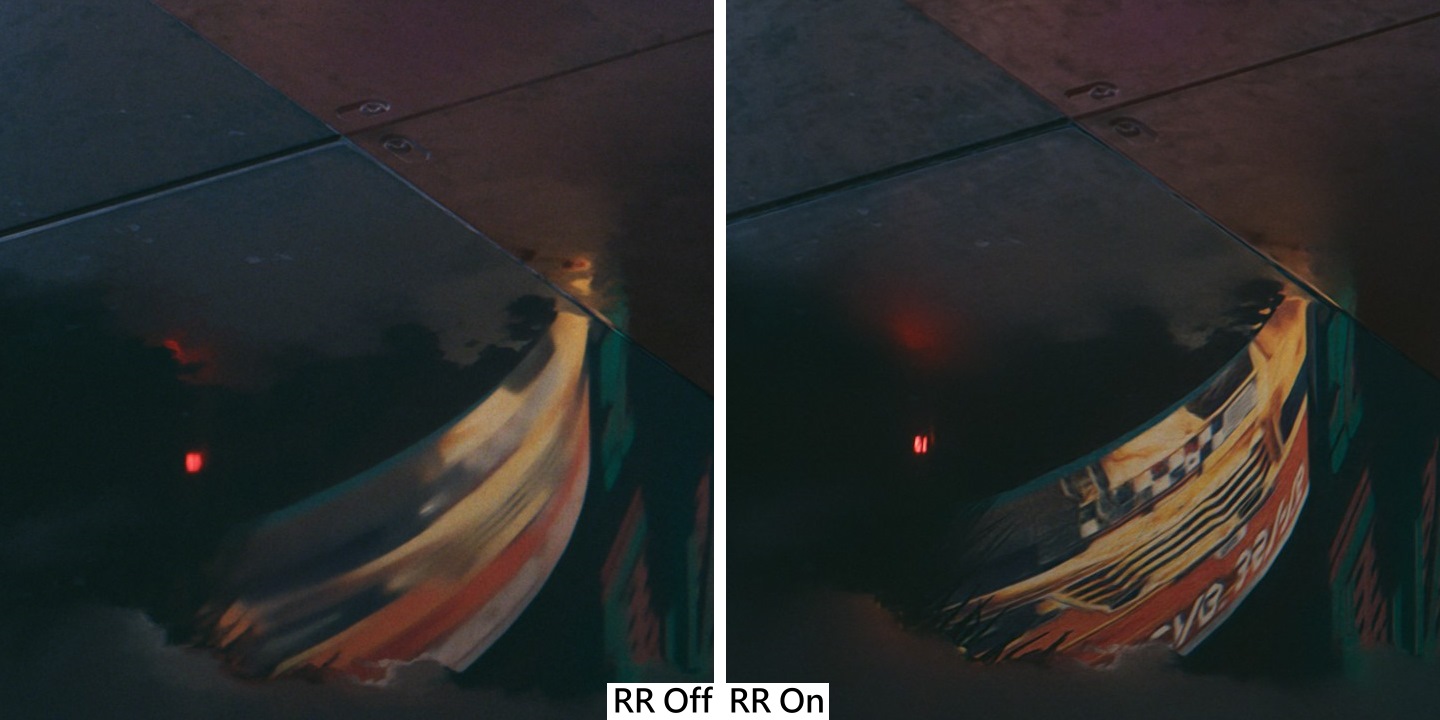 在光線重建關閉時（左）圖像比較模糊，開啟後（右）圖像相對清晰很多。