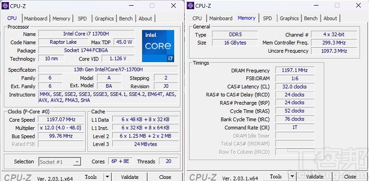 利用 CPU-Z 來檢視，Intel Core i7-13720H 處理器為 6 個 P-Core加上 4 個 E-Core，記憶體為 16GB DDR 5規格