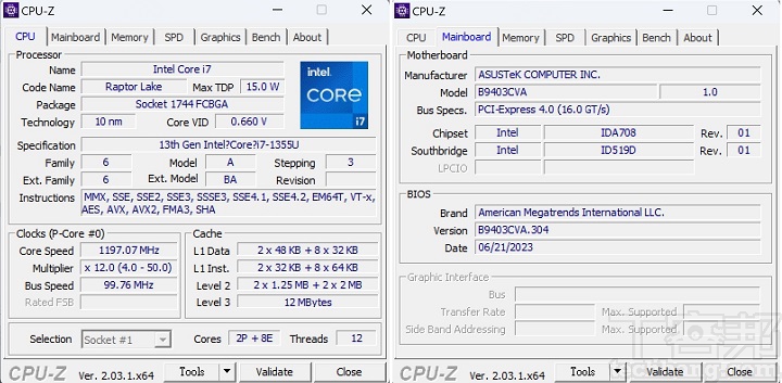利用 CPU-Z 來檢視，Intel Core i7-1355U 處理器為 2 個 P-Core加上 8 個 E-Core，和 12 執行緒的架構。