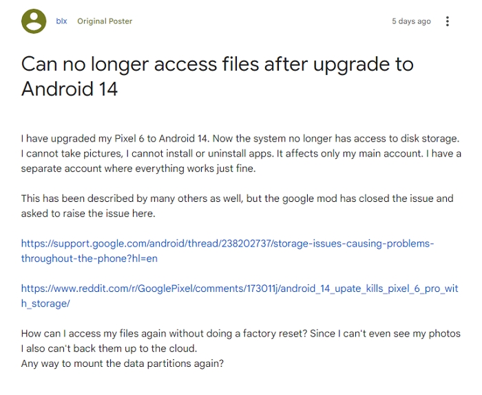Android 14更新出現Bug，Google Pixel 6用戶升級後128GB儲空間剩4GB