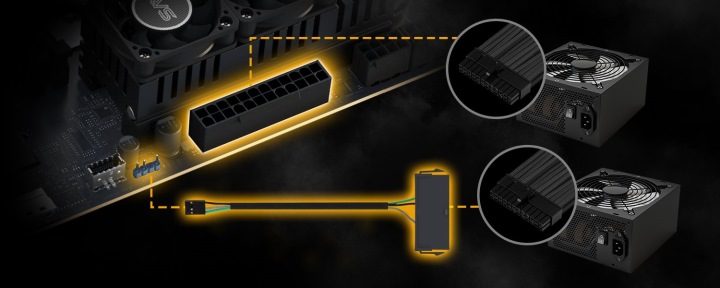 主機板內建多電源供應器功能，可以把主機板的訊號腳針連接至第2組電源供應器的ATX電源端，藉以串連開機訊號。