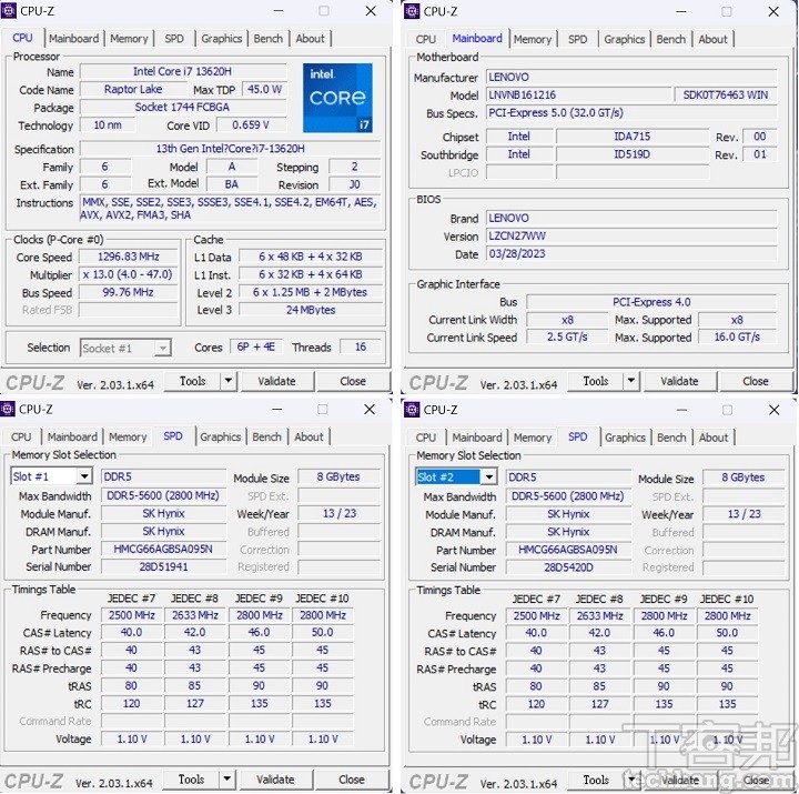 利用 CPU-Z 來檢視 Lenovo LOQ 15IHR8 的核心規格，處理器為Intel Core i7-13620H，製程為 10 奈米，為 6 個效能核心加 4 個效率核心；記憶體為兩條 8GB DDR5-5600（2800MHz）。