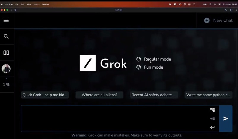 Grok 可以選擇對話模式。圖片來源：Grok官網