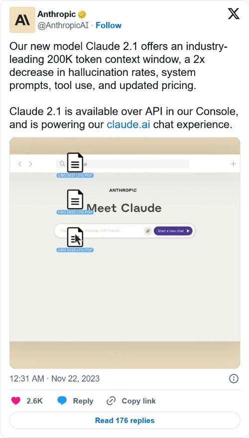 趁OpenAI內亂，對手推出Claude 2.1版再升級：一次可消化20萬個token