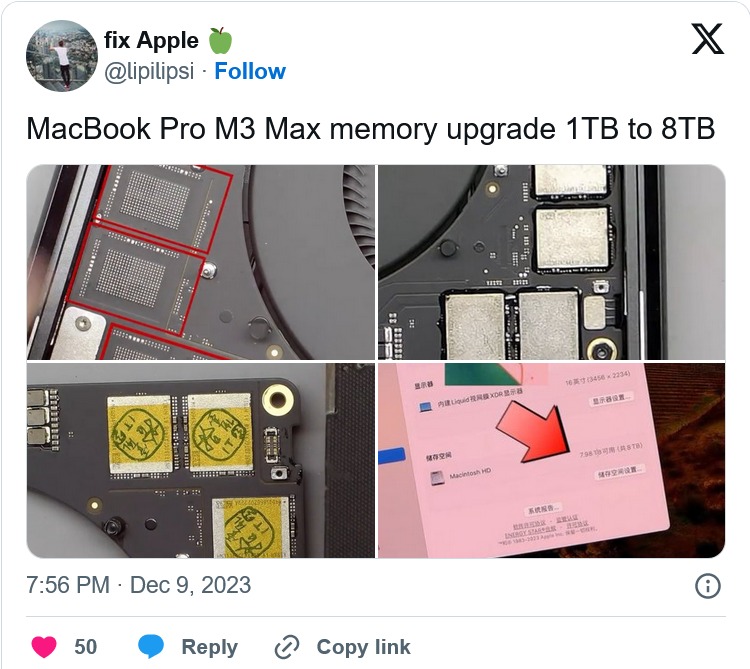 網友改裝M3 Max MacBook Pro，自行升級儲空間1TB直上8TB