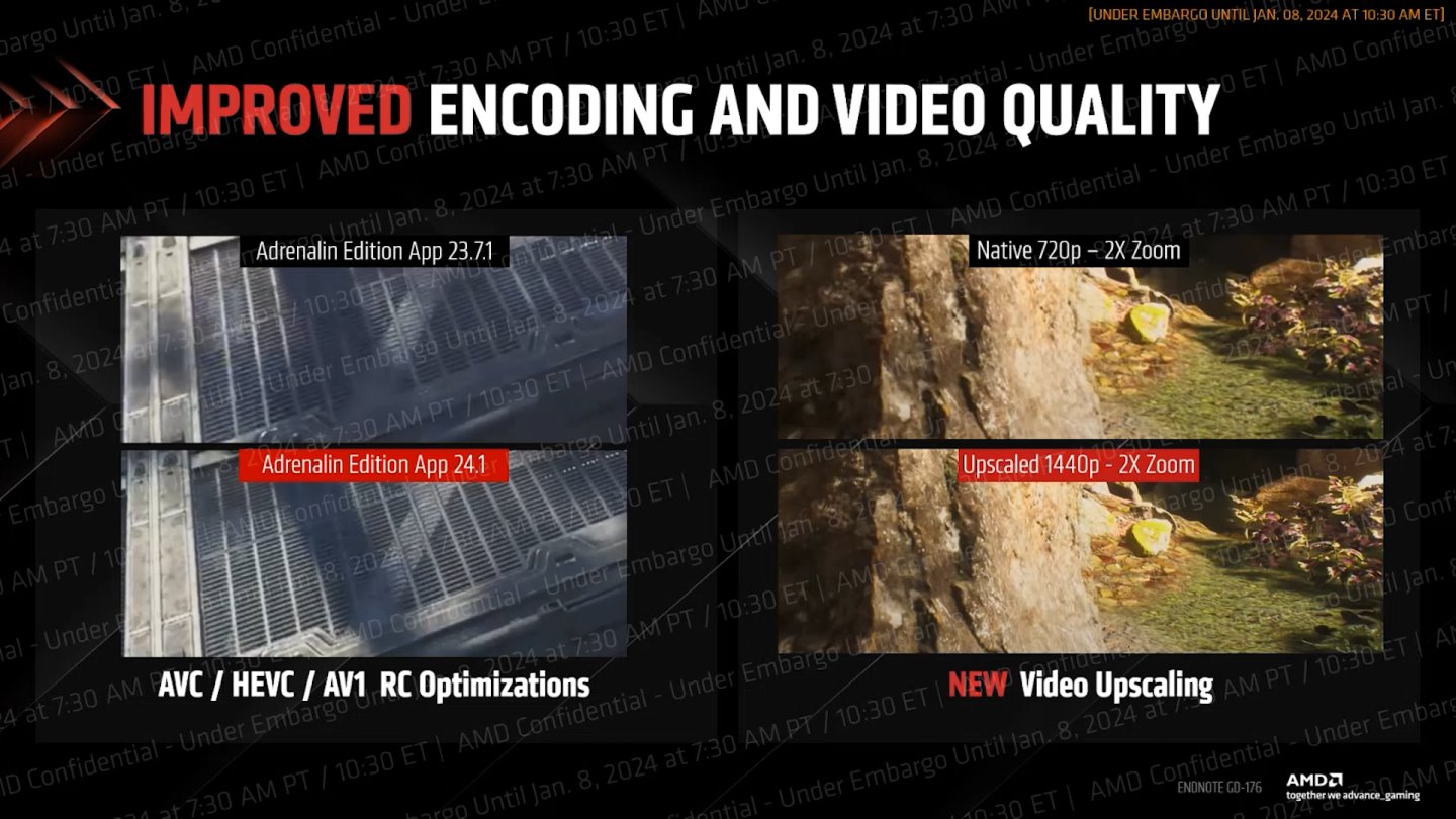 AMD也將透過驅動程式更新強化影片壓縮的畫質，並提供基於FSR演算法的影片放升頻功能。