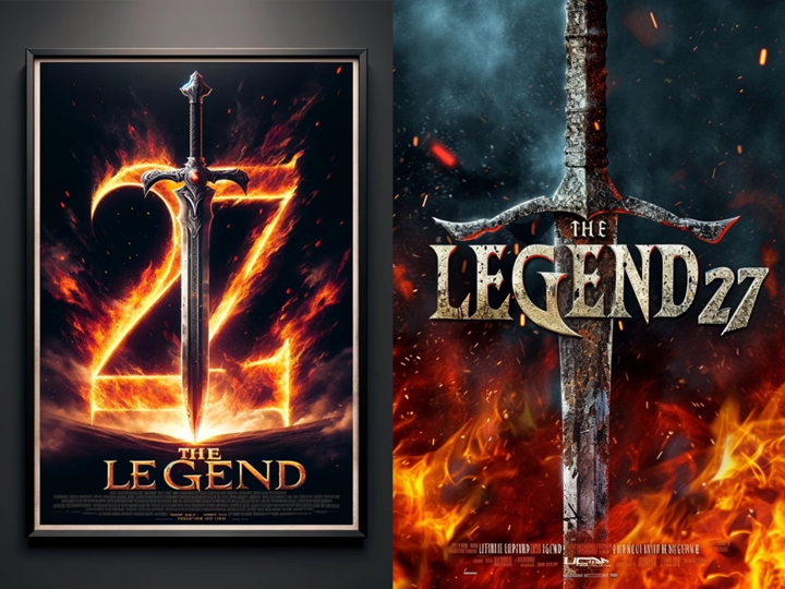 範例一 prompt：The words 「THE LEGEND 27」 on a movie poster featuring a legendary sword, and flames in the background